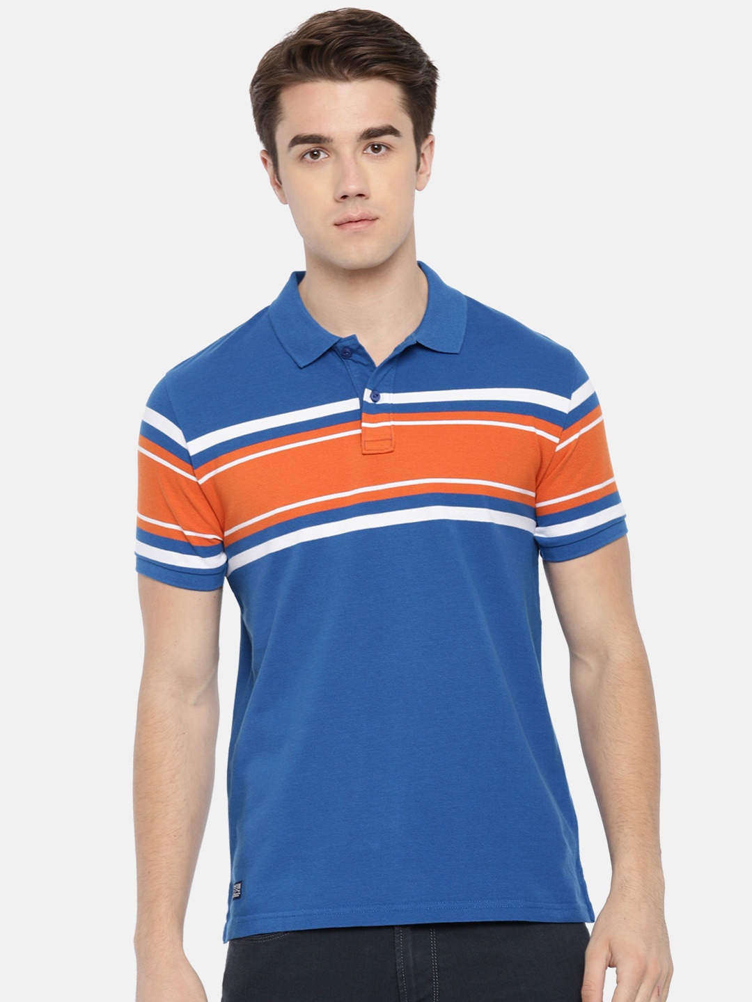 

Pepe Jeans Men Blue & Orange Striped Polo T-shirt