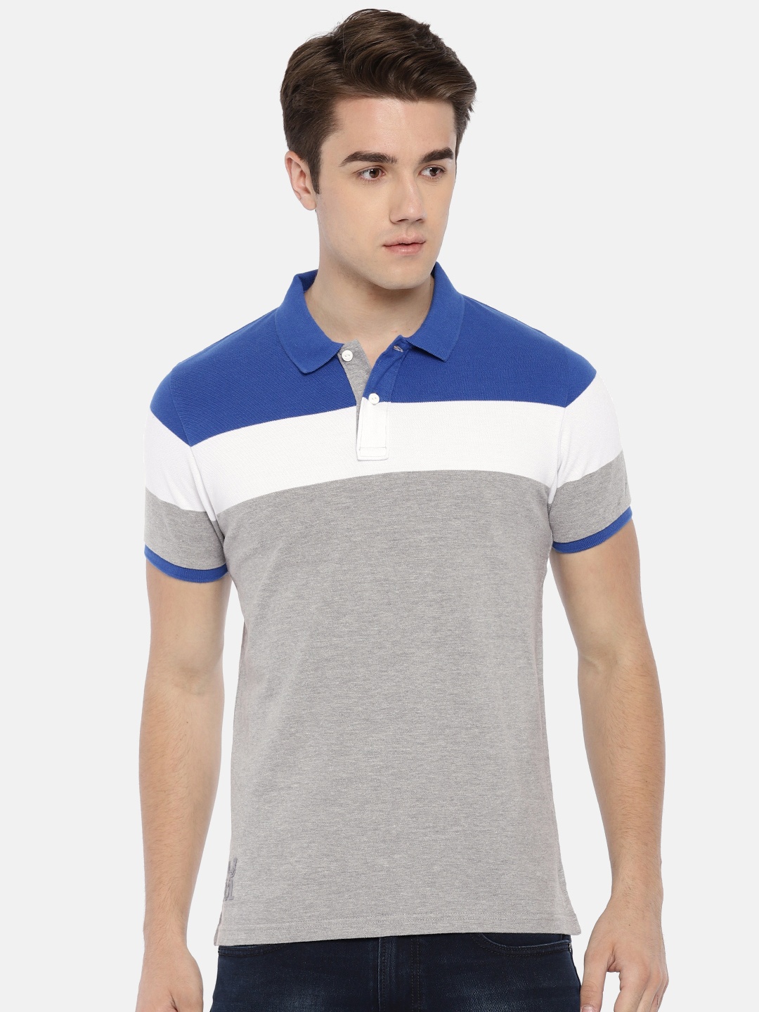 

Pepe Jeans Men Grey Melange Blue Colourblocked Polo Collar Pure Cotton T-shirt