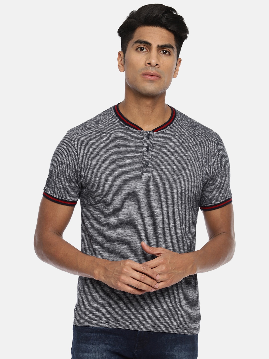 

Pepe Jeans Men Navy Blue White Striped Henley Neck Pure Cotton T-shirt