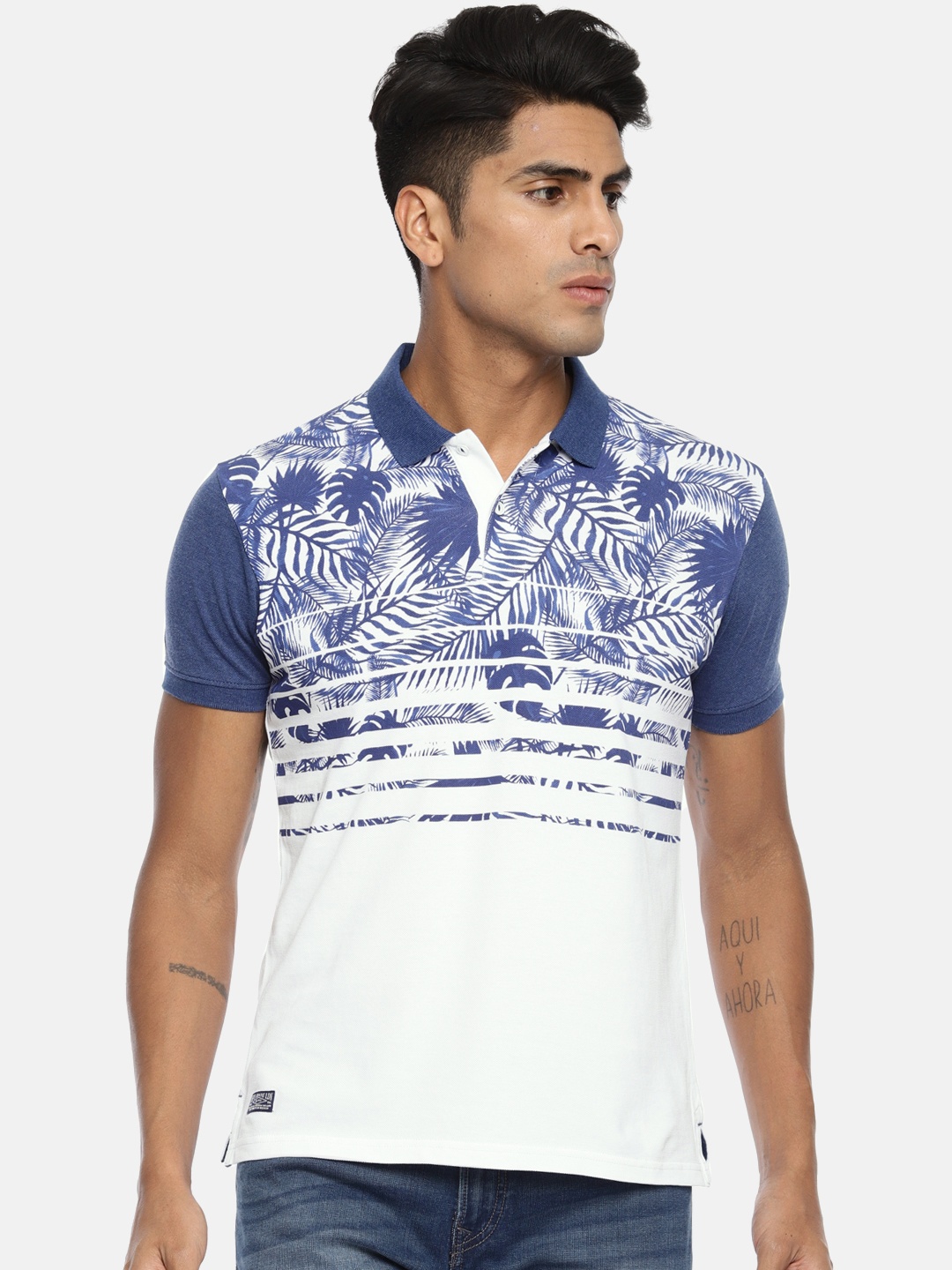 

Pepe Jeans Men White & Blue Printed TIMOTHY Polo Collar T-shirt
