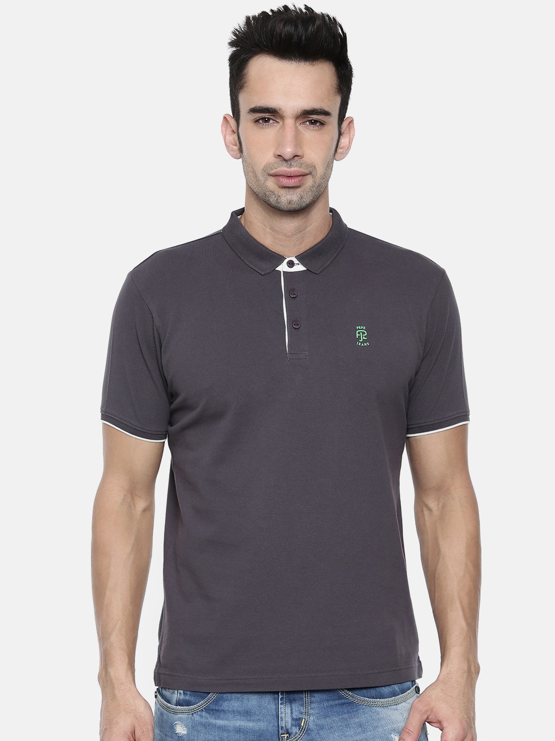 

Pepe Jeans Men Charcoal Grey Solid Polo Collar T-shirt