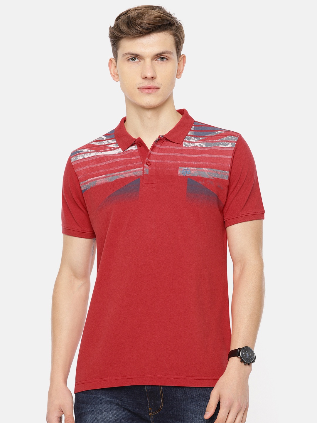 

Pepe Jeans Men Red Grey Striped Polo Collar Pure Cotton T-shirt