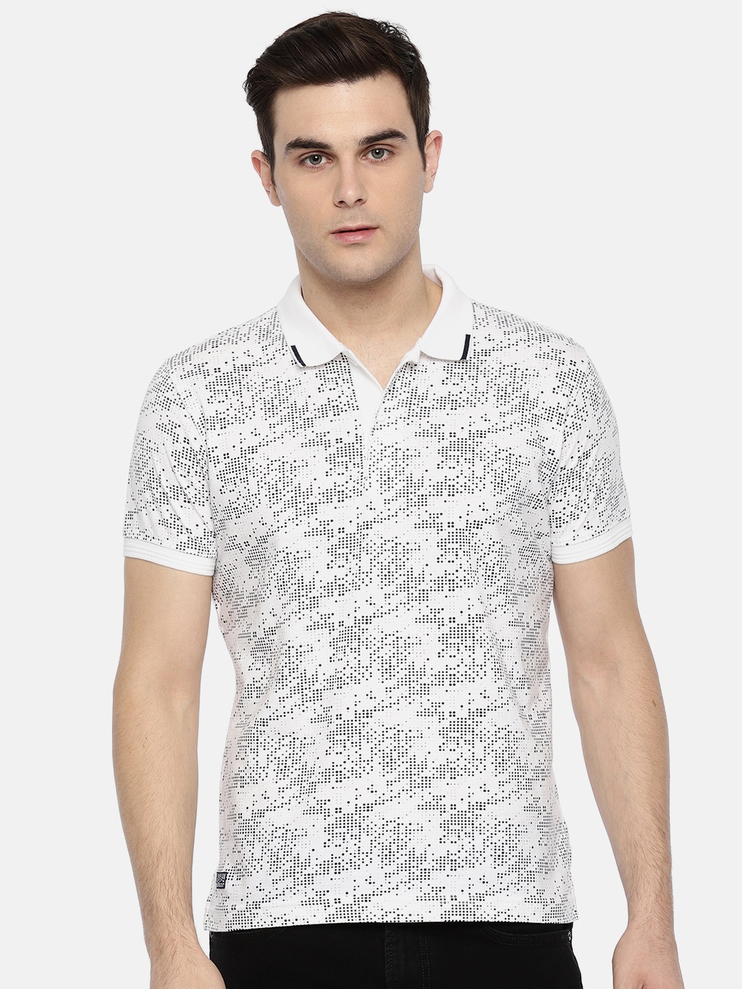 

Pepe Jeans Men White Black Printed Polo Collar Pure Cotton T-shirt