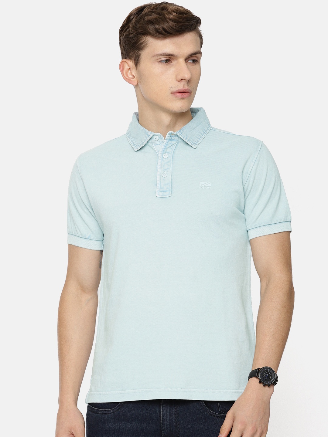 

Pepe Jeans Men Blue Solid Polo Collar Pure Cotton T-shirt