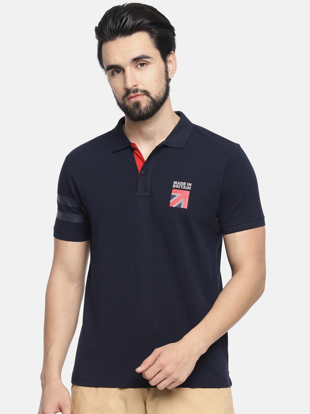 

Pepe Jeans Men Navy Blue Solid Polo Collar Pure Cotton T-shirt