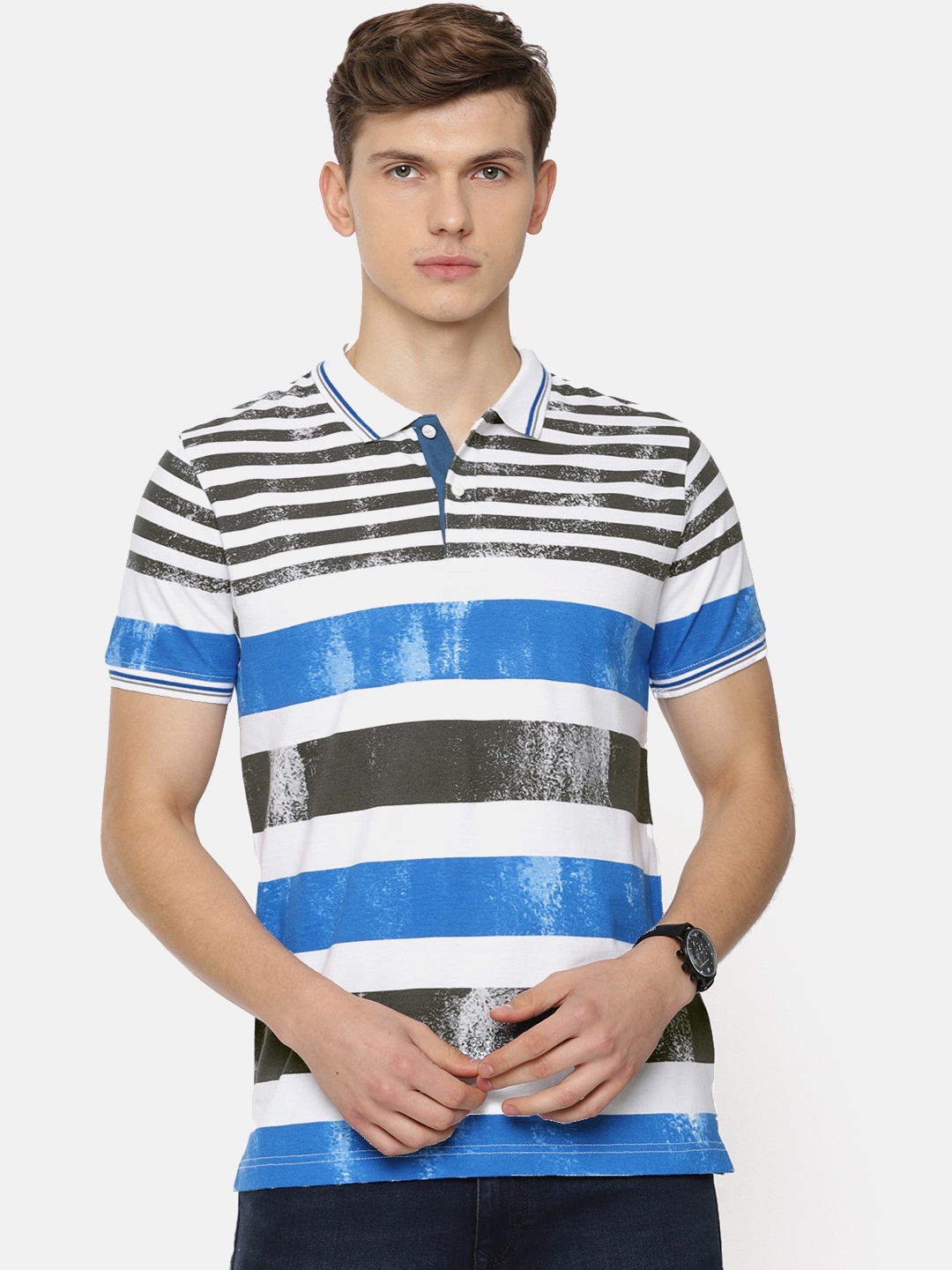 

Pepe Jeans Men White Blue Striped Polo Collar Pure Cotton T-shirt