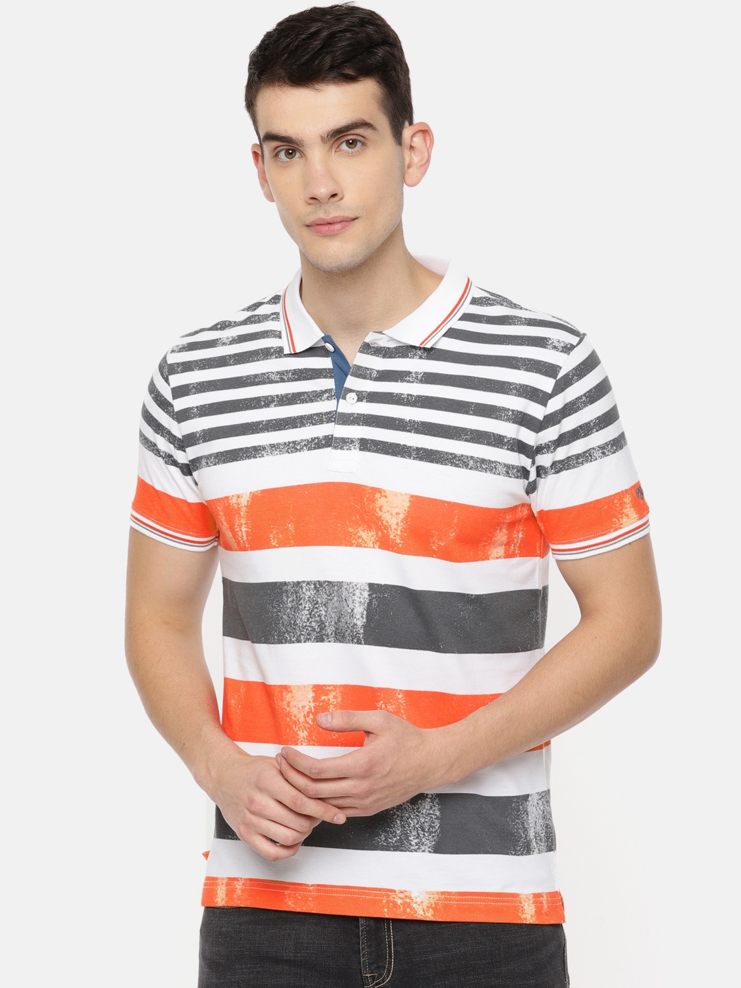 

Pepe Jeans Men Orange Charcoal Striped Polo Collar Pure Cotton T-shirt