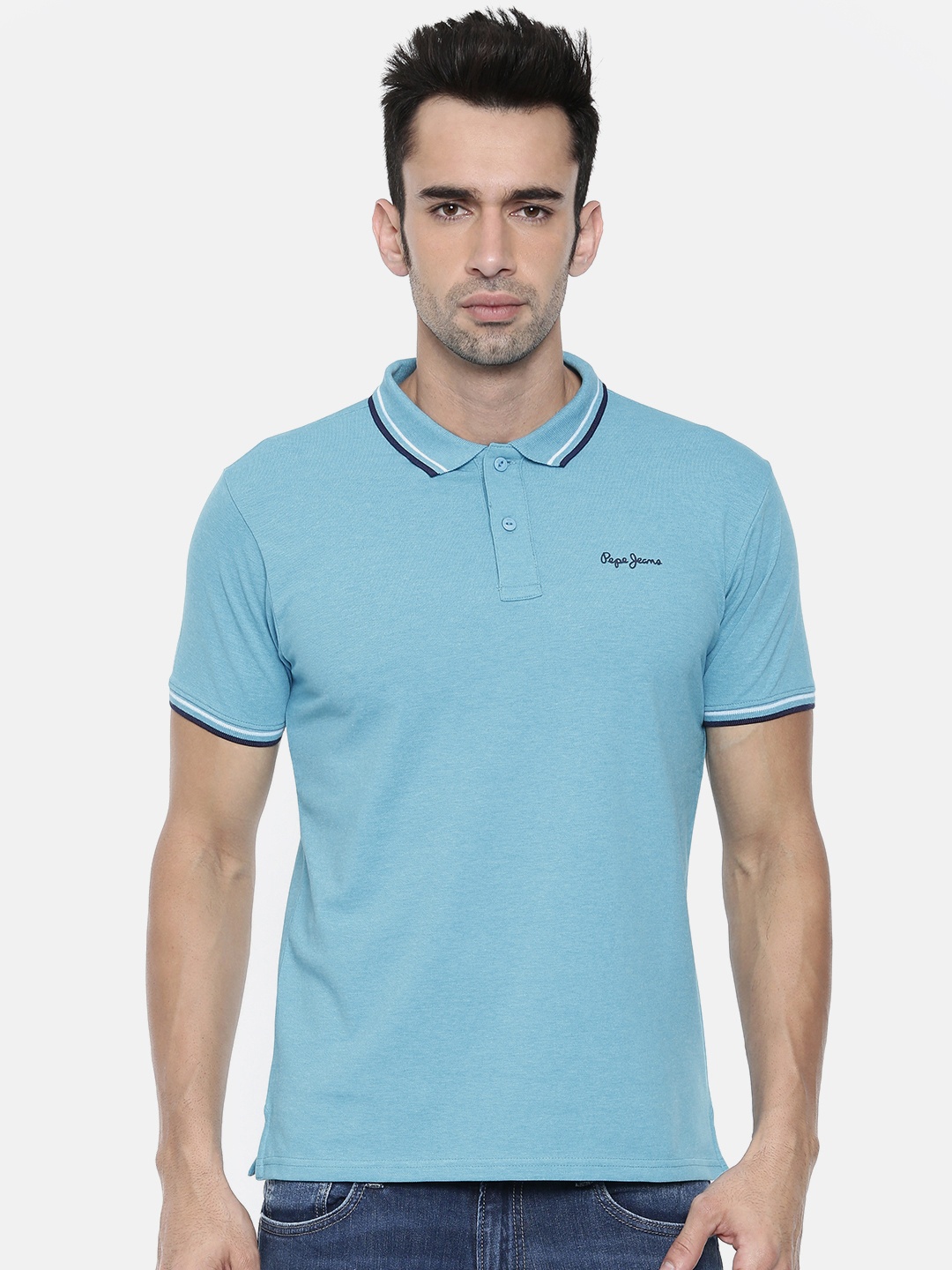 

Pepe Jeans Men Blue Solid Polo Collar T-shirt