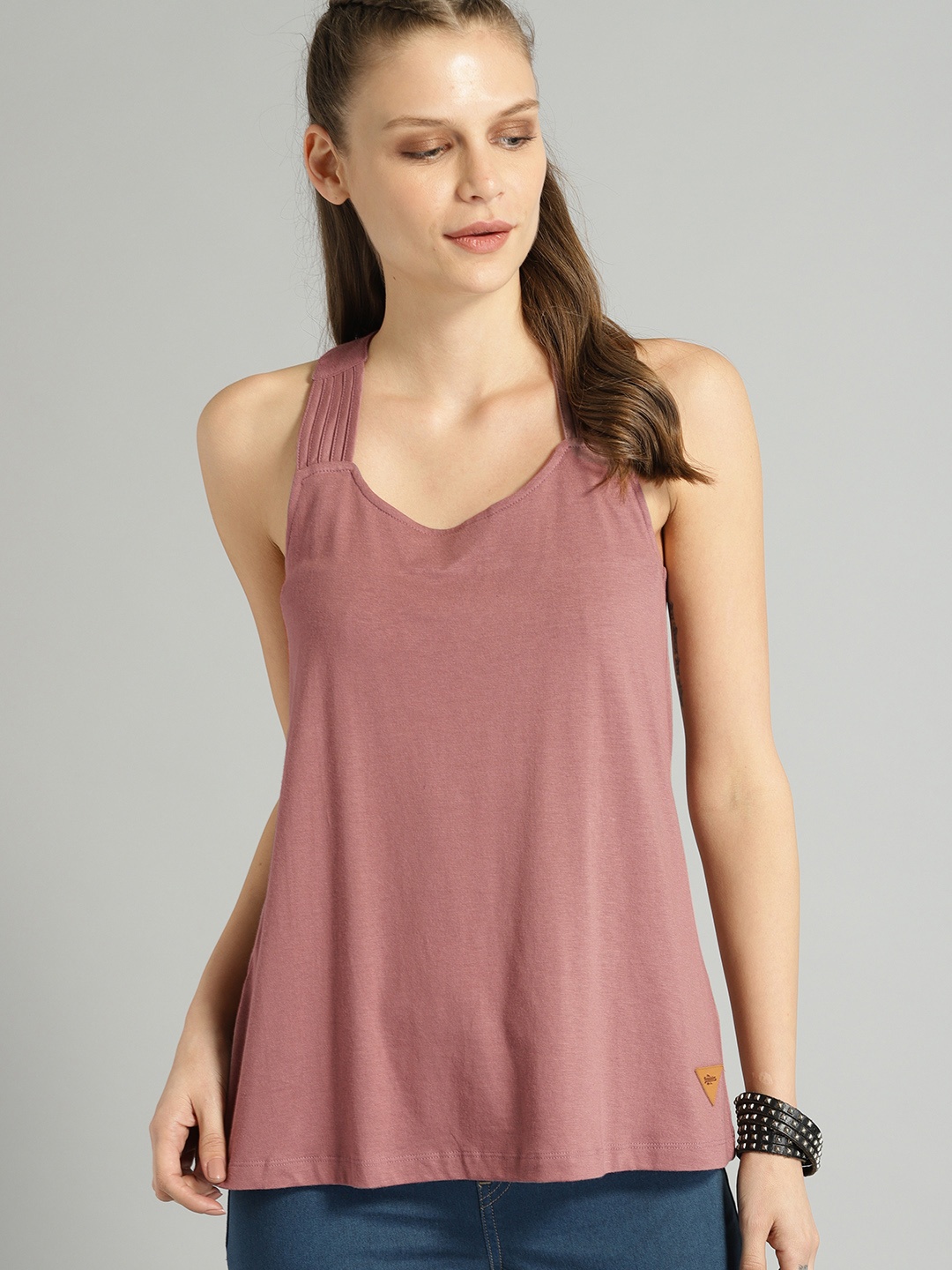 

Roadster Women Peach-Coloured Solid Tank Top