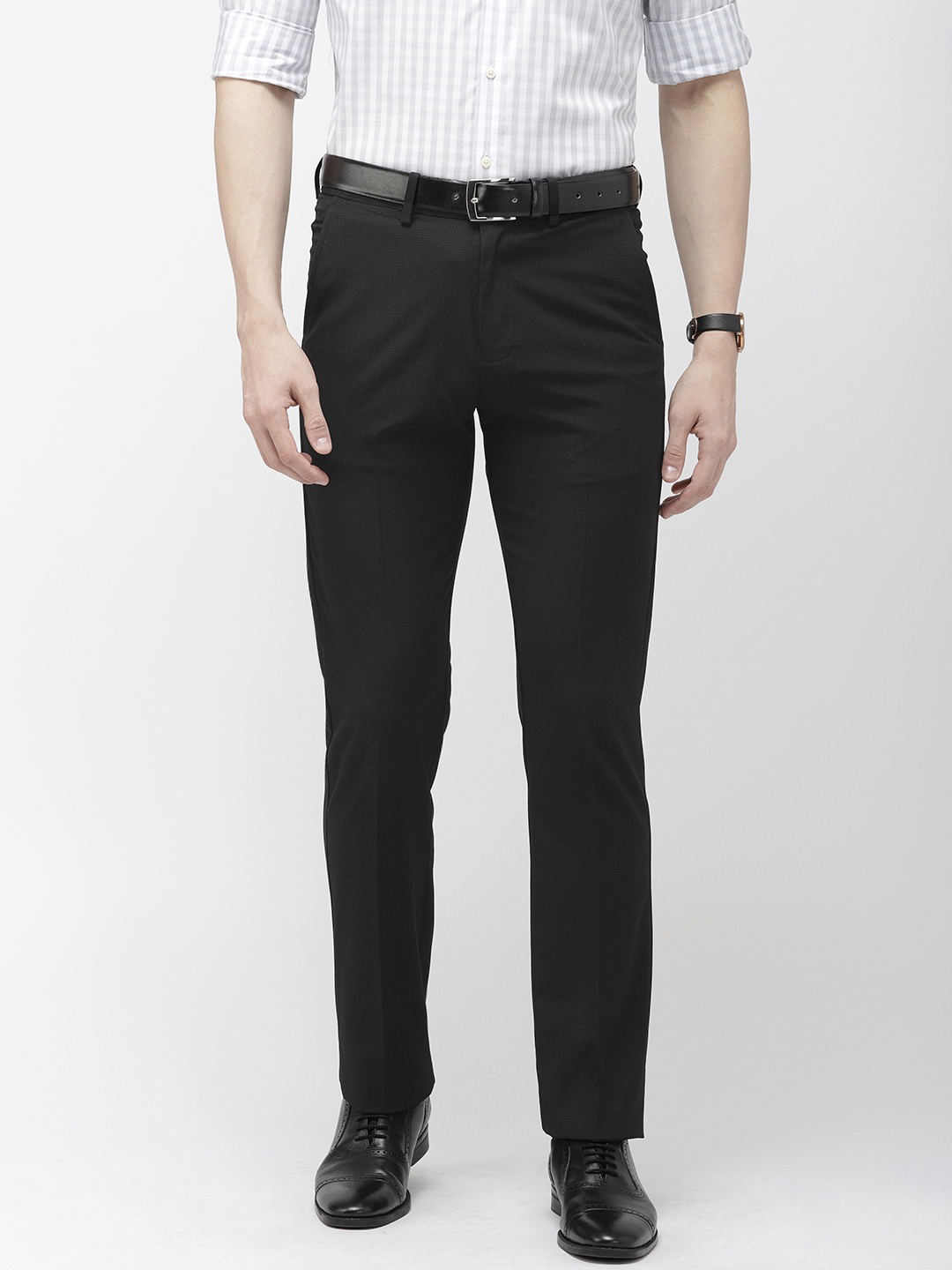 

Arrow Men Black Tapered Fit Self Design Formal Trousers