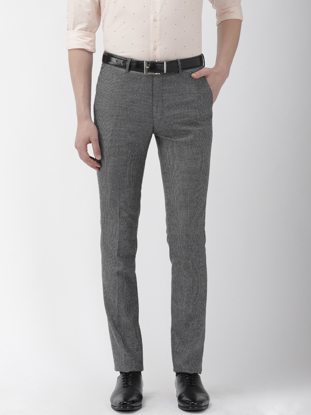 

Arrow New York Men Charcoal Grey & White Super Slim Fit Self Design Formal Trousers