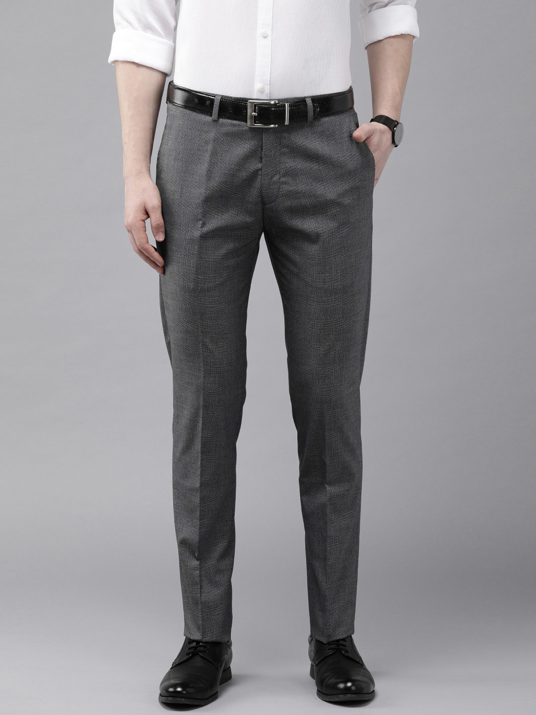 

Arrow New York Men Charcoal Grey & White Super Slim Fit Self Design Formal Trousers