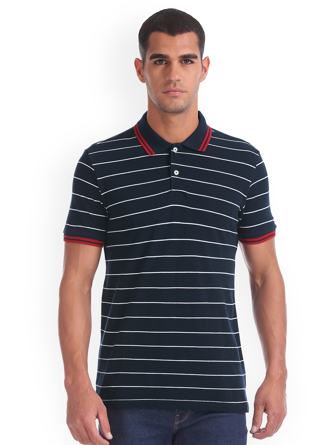 

Arrow Sport Men Navy Blue Striped Polo Collar Pure Cotton T-shirt