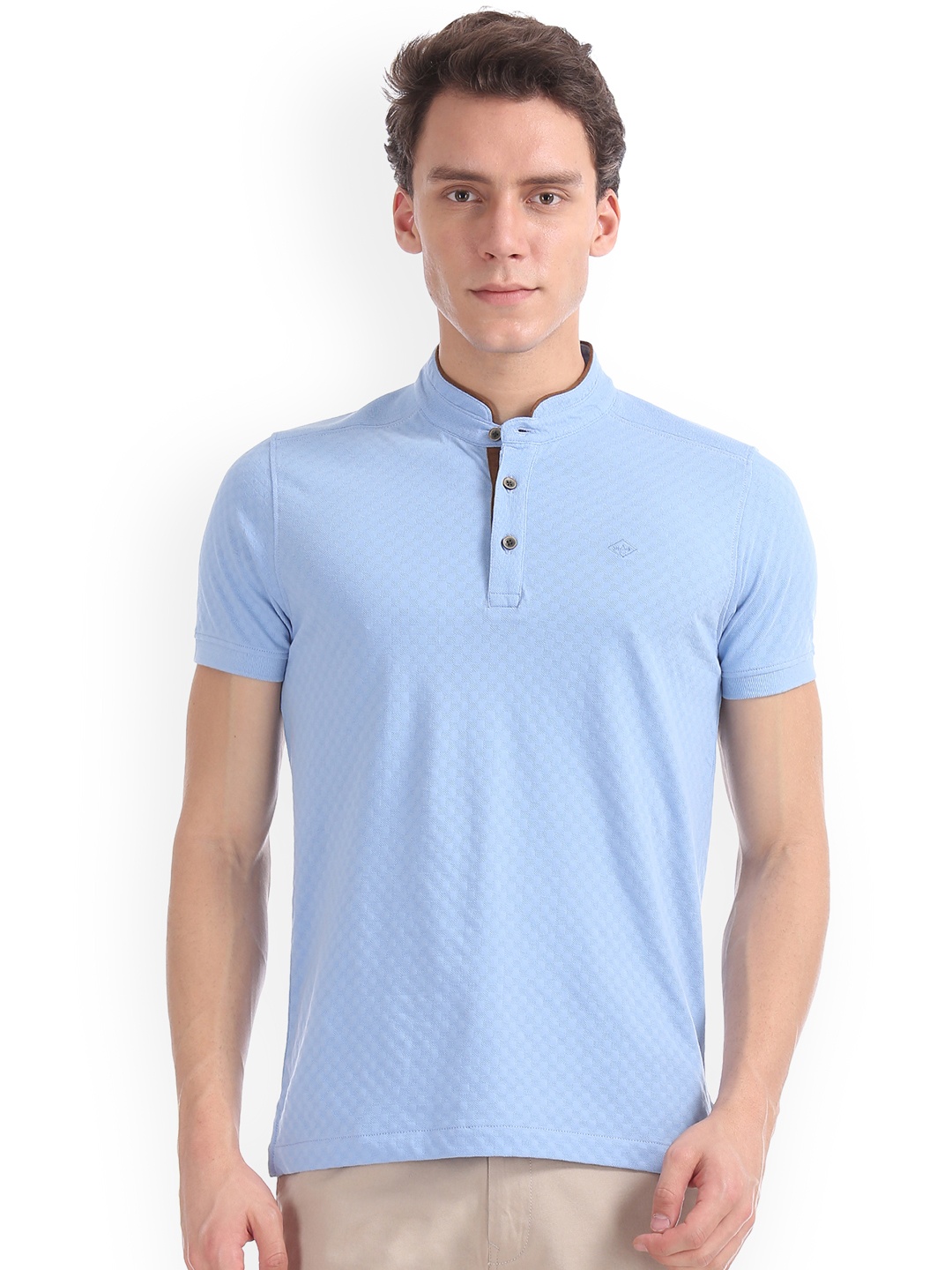 

Arrow Sport Men Blue Solid Mandarin Collar Pure Cotton T-shirt