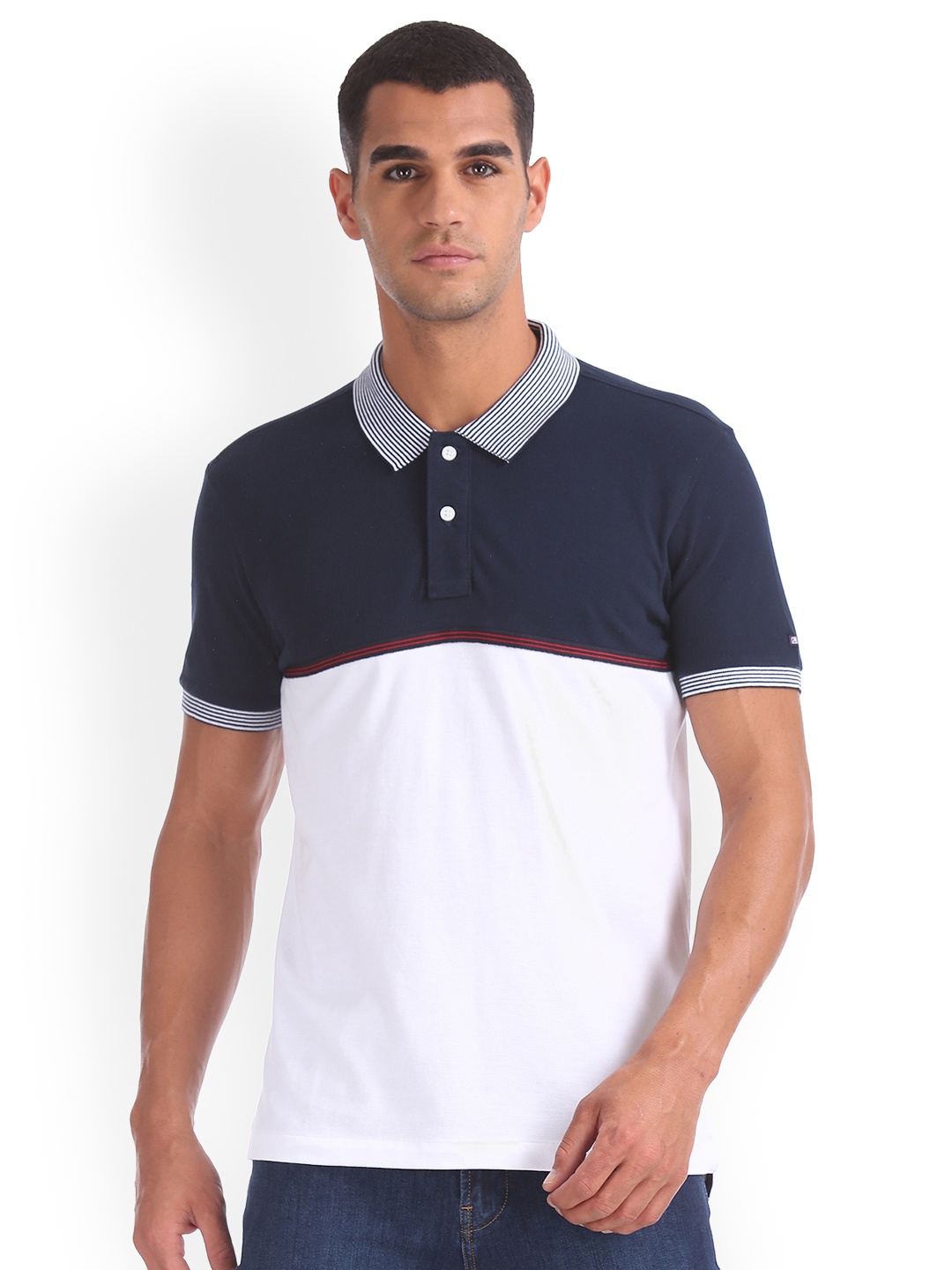 

Arrow Sport Men Navy Blue Colourblocked Polo Collar Pure Cotton T-shirt