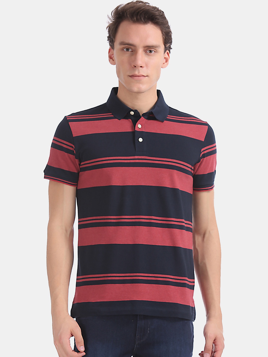 

Arrow Sport Men Navy Blue Pink Striped Polo Collar Pure Cotton T-shirt
