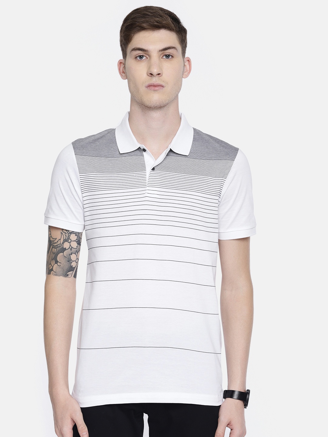 

Arrow New York Men White Black Striped Polo Collar Pure Cotton T-shirt