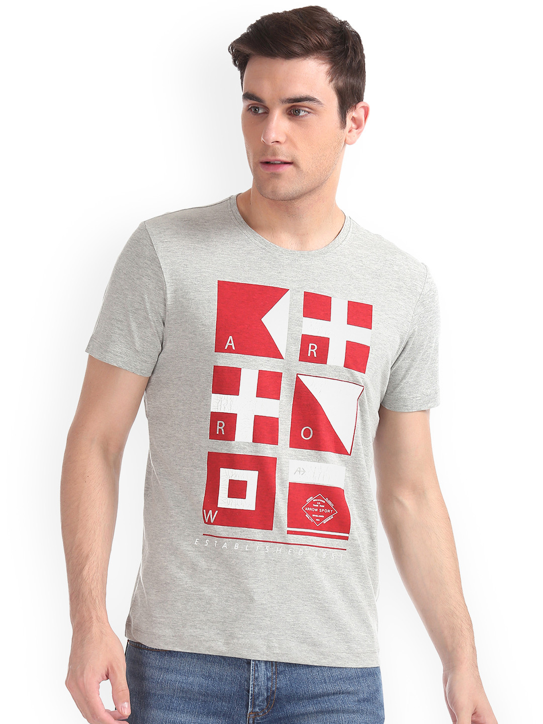 

Arrow Sport Men Grey Printed Round Neck T-shirt