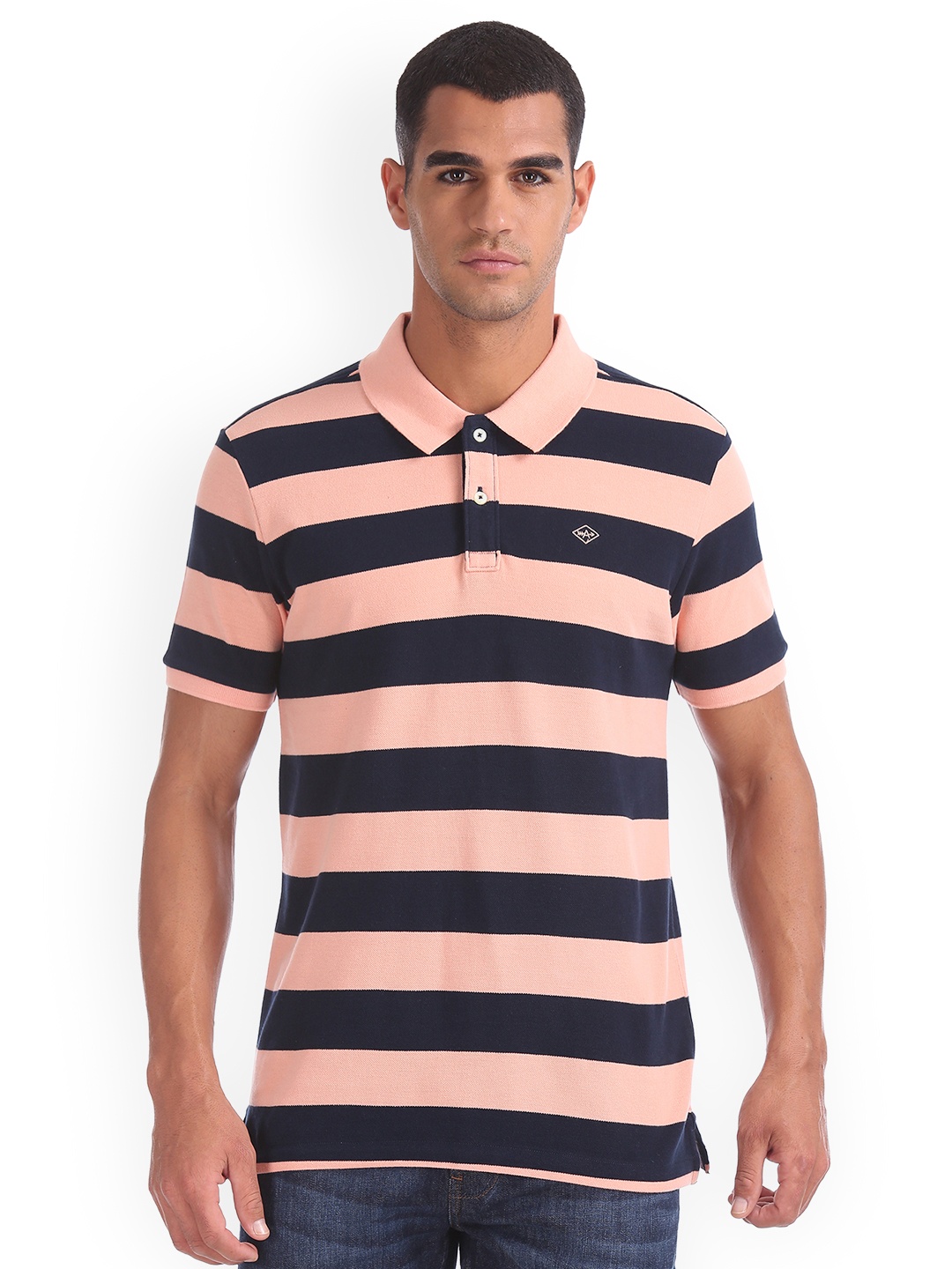 

Arrow Sport Men Peach-Coloured Striped Polo Collar Pure Cotton T-shirt