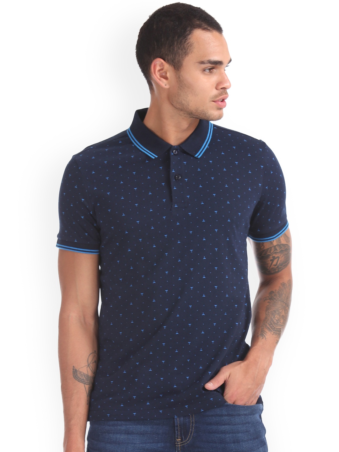 

Arrow Sport Men Navy Blue Printed Polo Collar Pure Cotton T-shirt