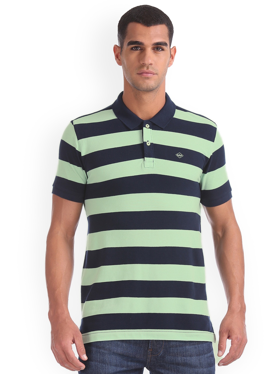 

Arrow Sport Men Sea Green Striped Polo Collar Pure Cotton T-shirt