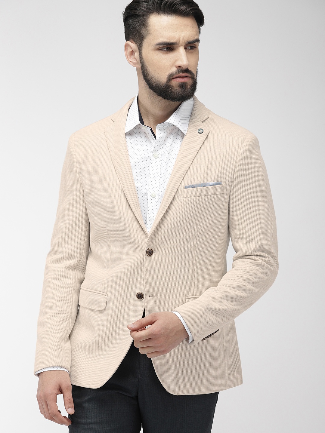 

Arrow New York Men Beige Self Design Zero Calorie Fit Single-Breasted Formal Blazer