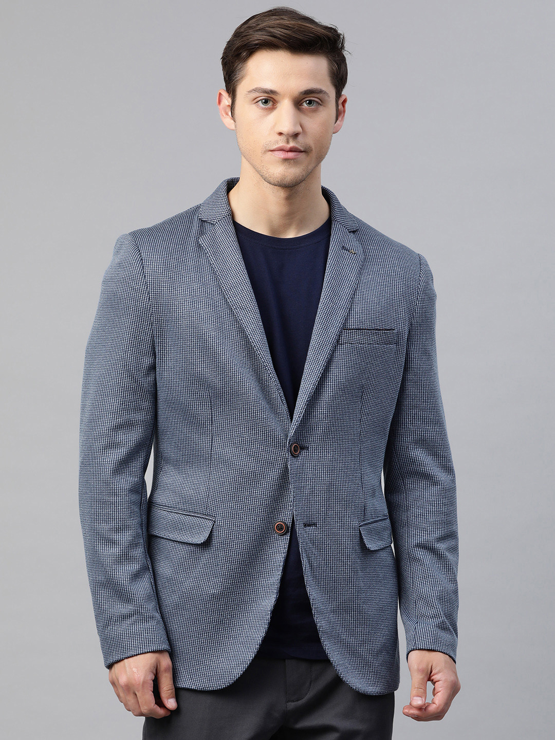 

Arrow Men Navy Blue Self-Design Single-Breasted Zero Calorie Fit Casual Blazer
