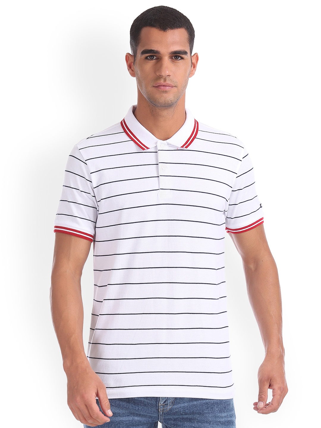 

Arrow Sport Men White Striped Polo Collar Pure Cotton T-shirt