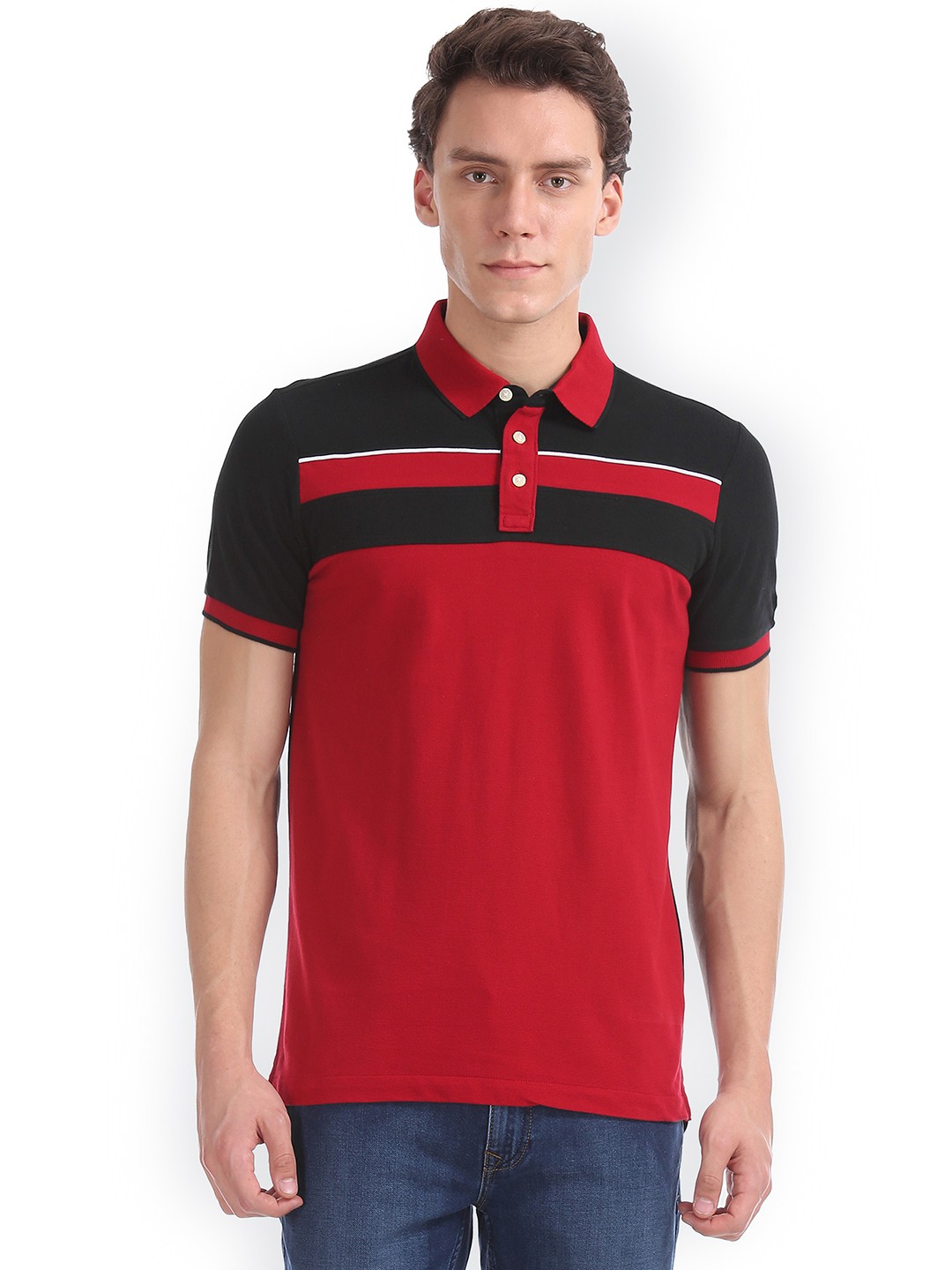 

Arrow Sport Men Red Striped Polo Collar Pure Cotton T-shirt