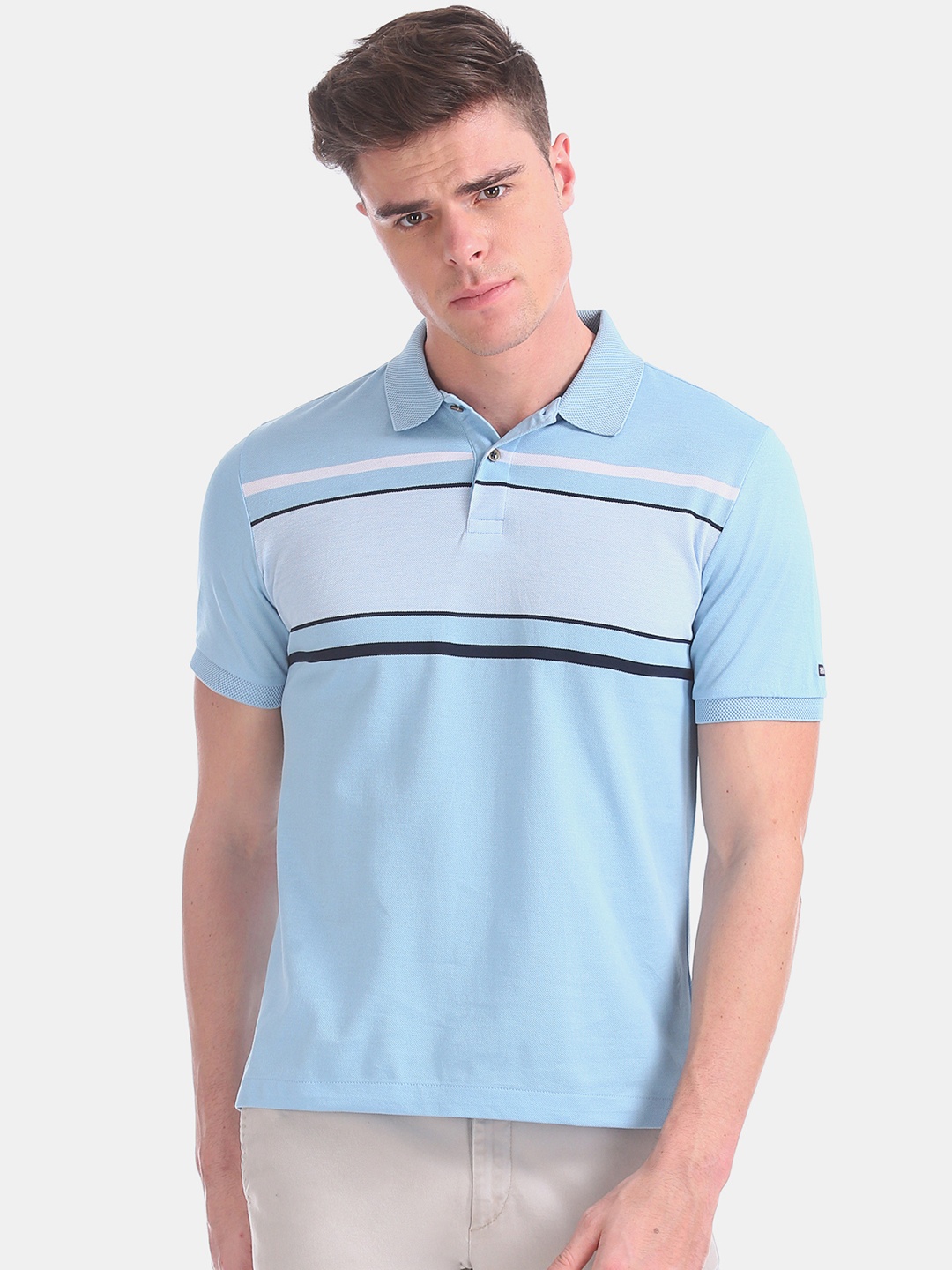 

Arrow Sport Men Blue Striped Polo Collar T-shirt