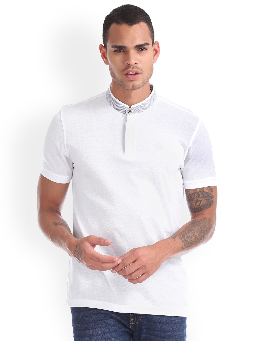 

Arrow Sport Men White Solid Mandarin Collar Pure Cotton T-shirt