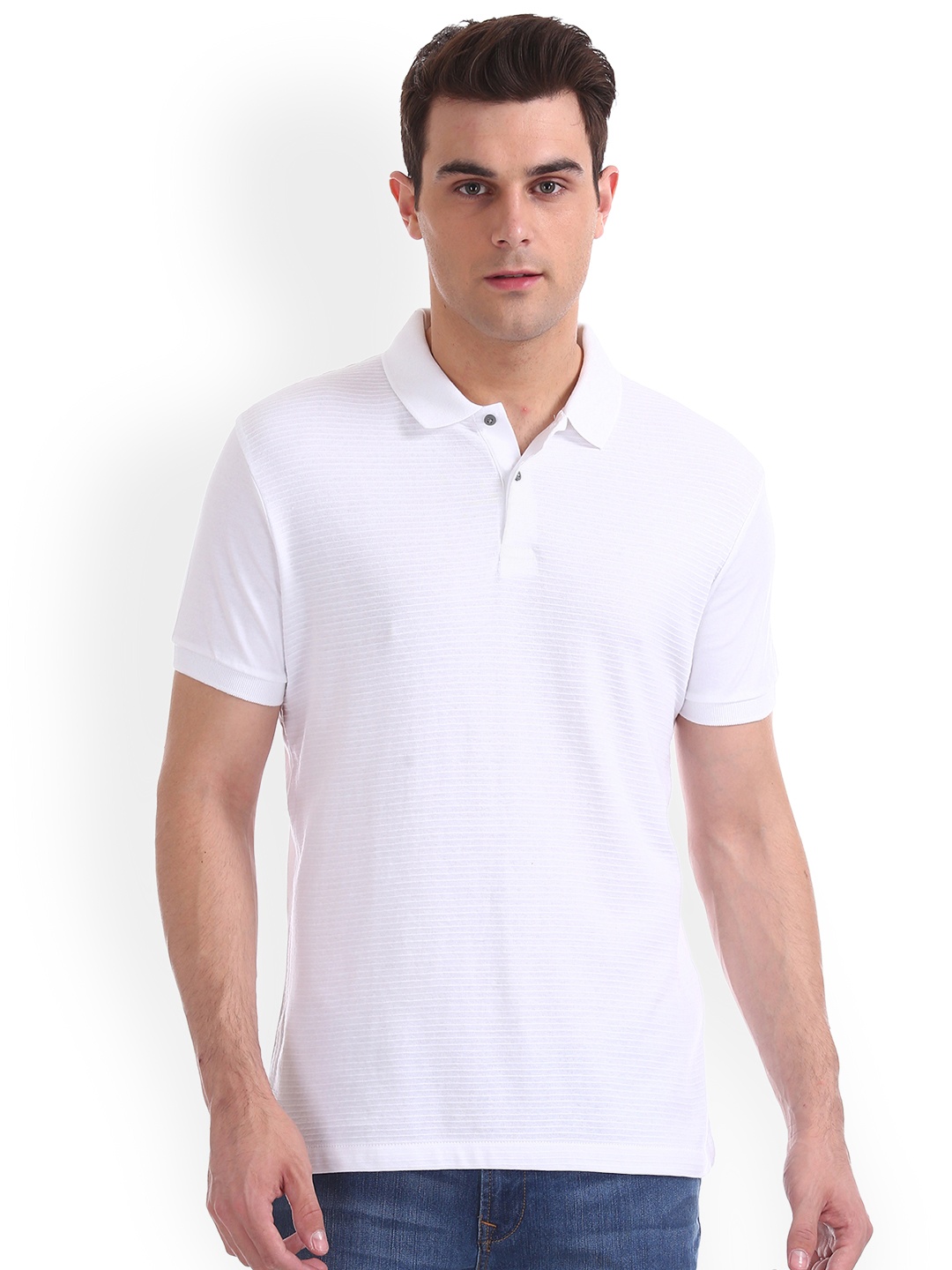 

Arrow New York Men White Self Design Polo Collar Pure Cotton T-shirt