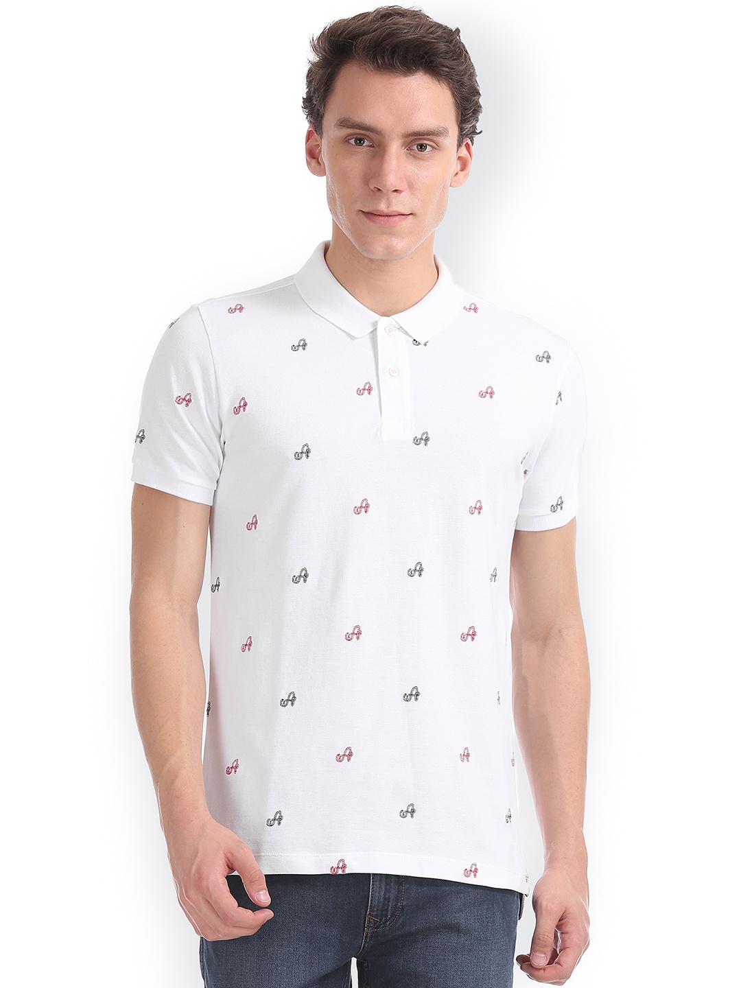 

Arrow Sport Men White Printed Polo Collar Pure Cotton T-shirt