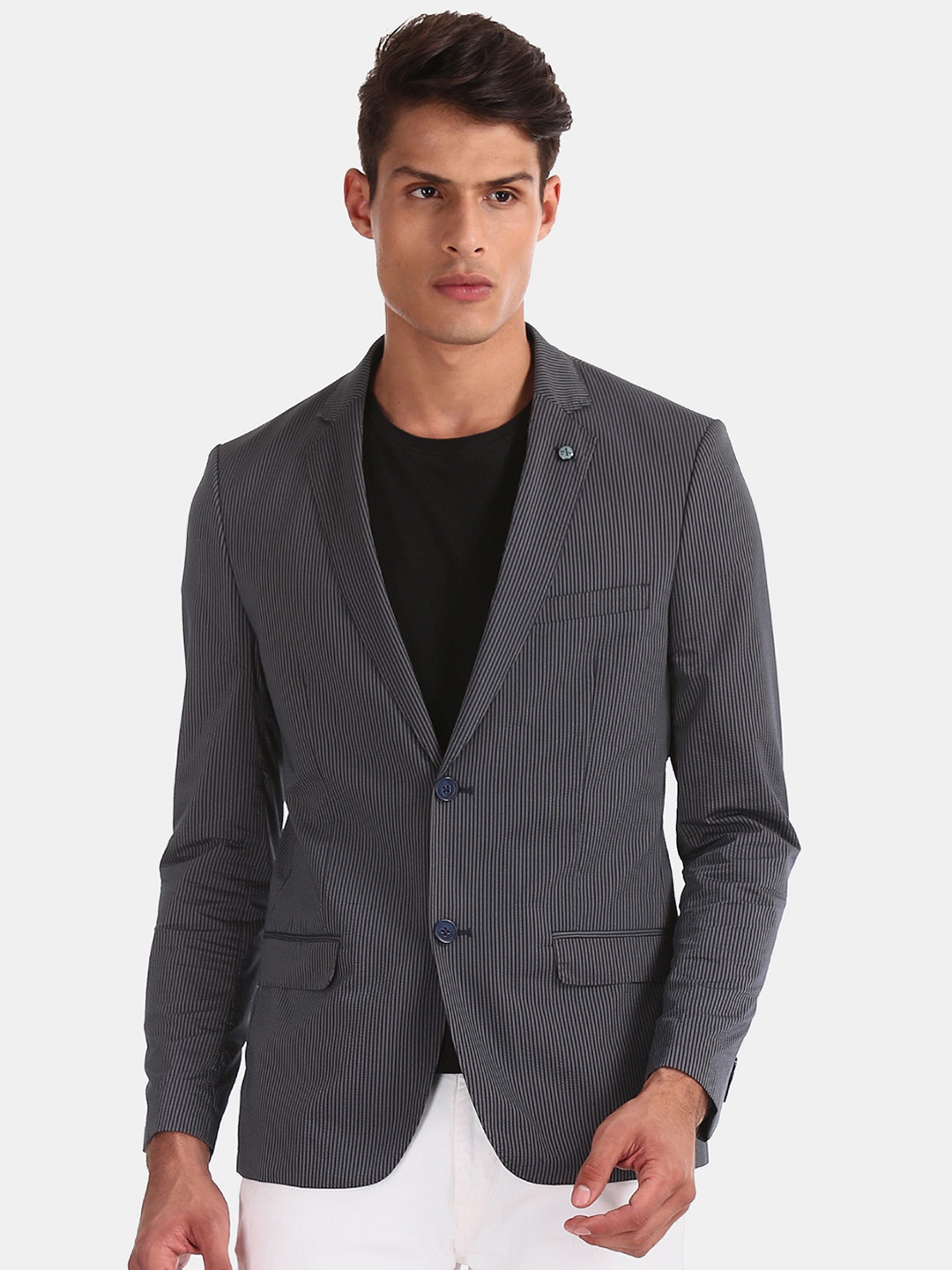

Arrow Men Navy Blue & Grey Striped Single-Breasted Casual Blazer