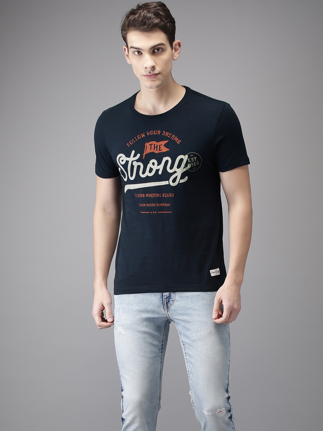 

Flying Machine Men Navy Blue Printed Round Neck Pure Cotton T-shirt