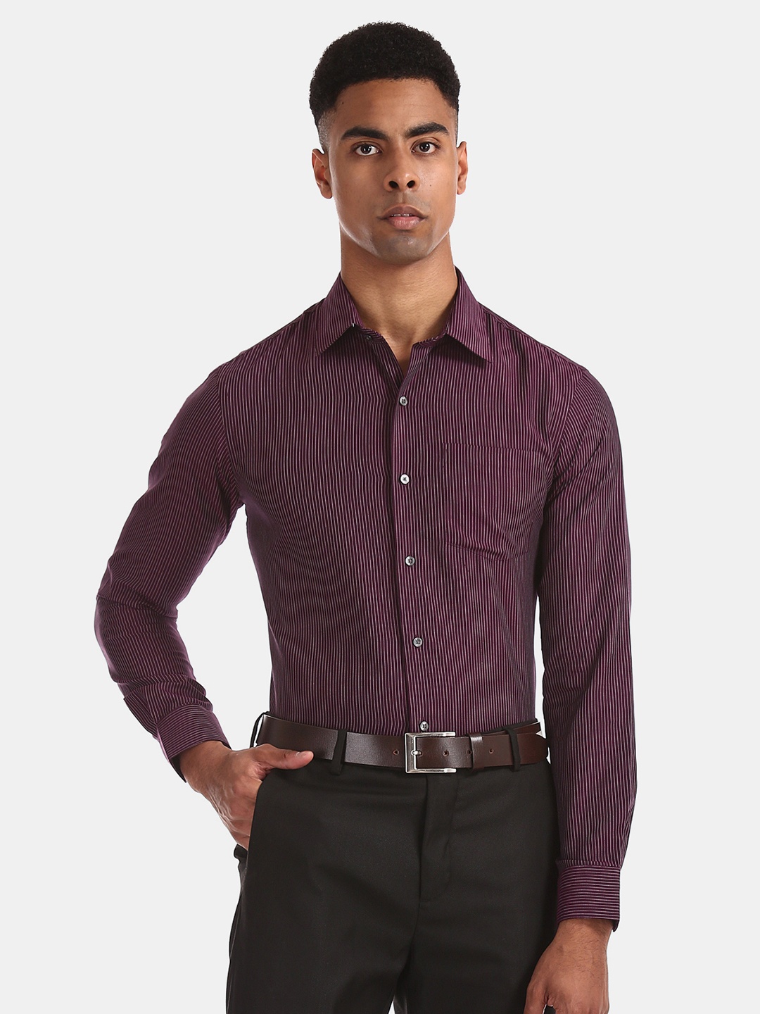

Arrow Men Burgundy & White Slim Fit Striped Formal Shirt