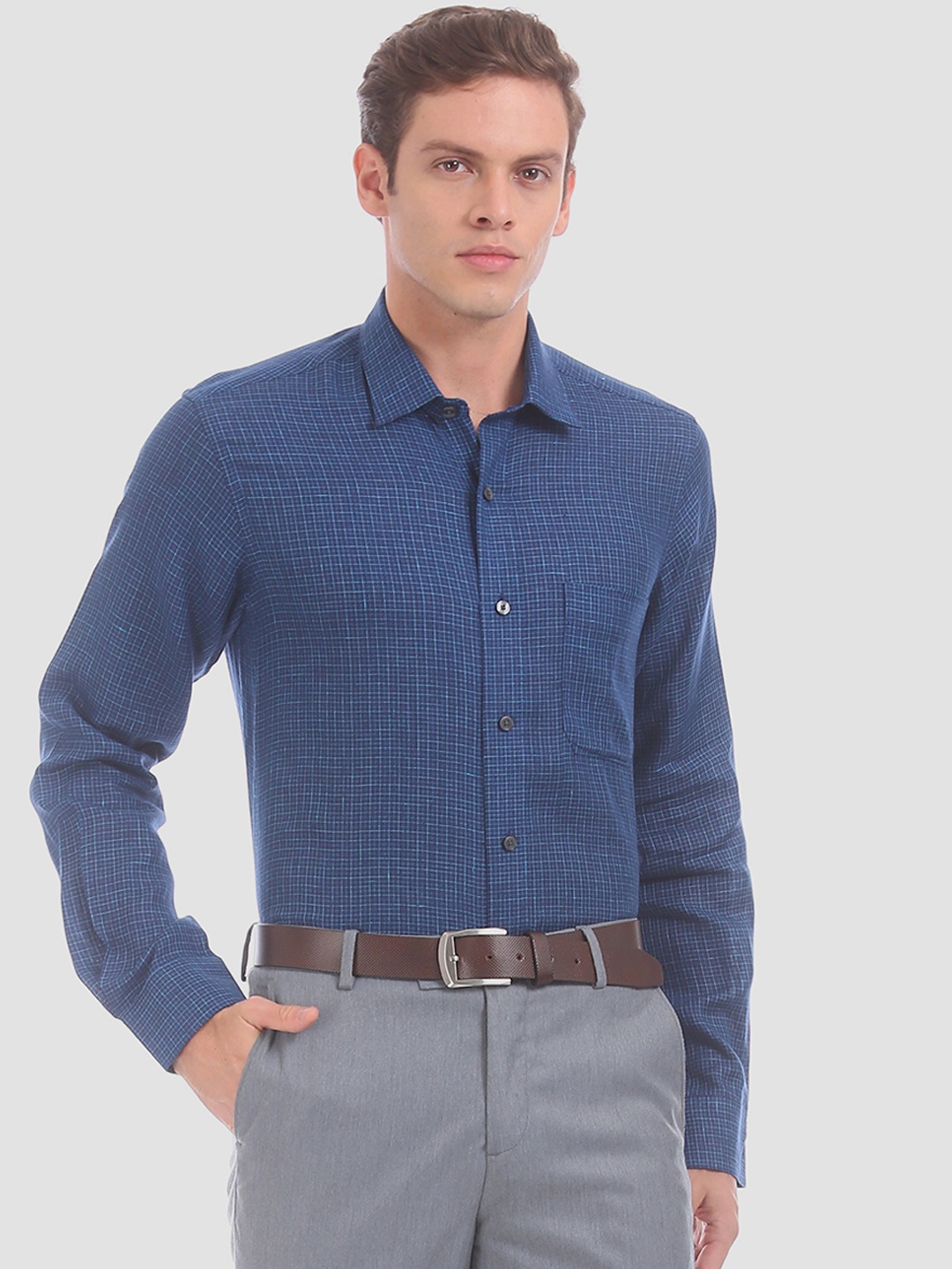 

Arrow Men Navy Blue Grid Tattersall Checked Slim Fit Linen Formal Shirt