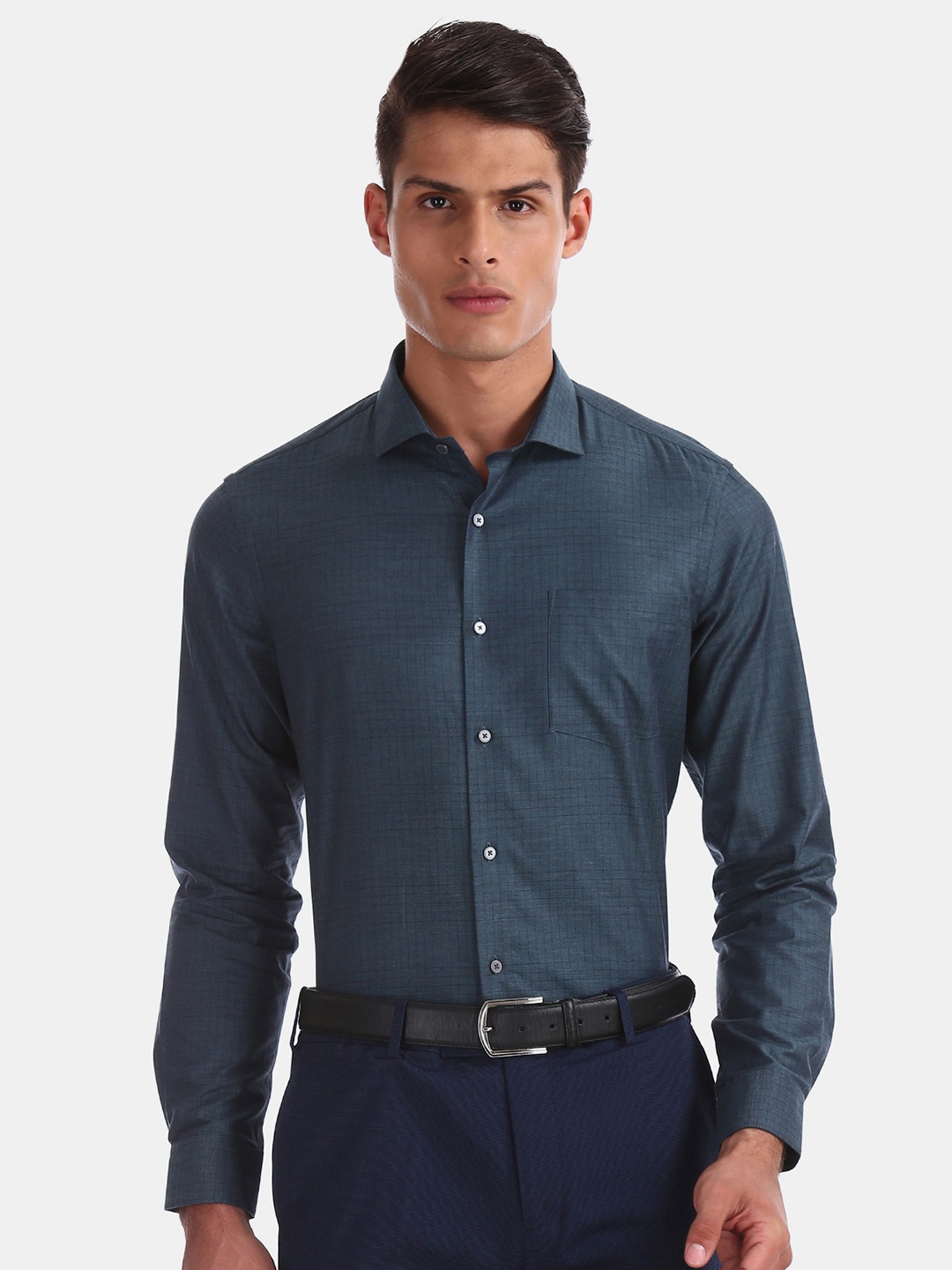 

Arrow New York Men Teal Green Slim Fit Checked Formal Shirt
