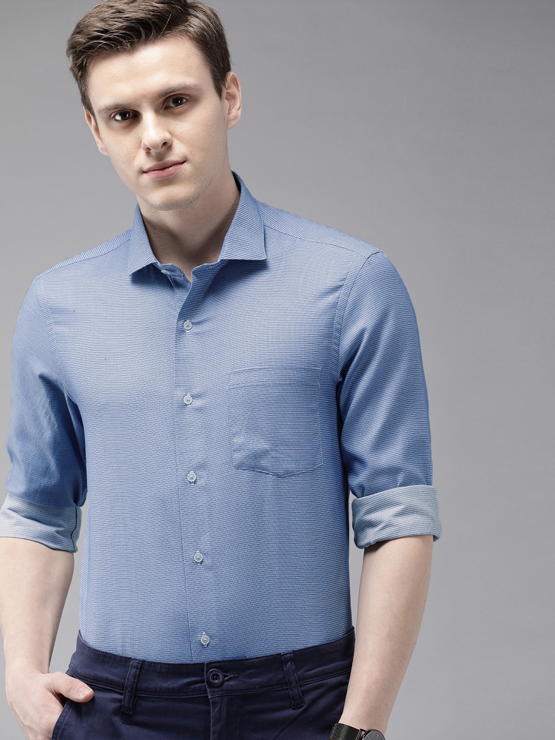 

Arrow New York Men Blue & White Slim Fit Self Design Smart Casual Shirt
