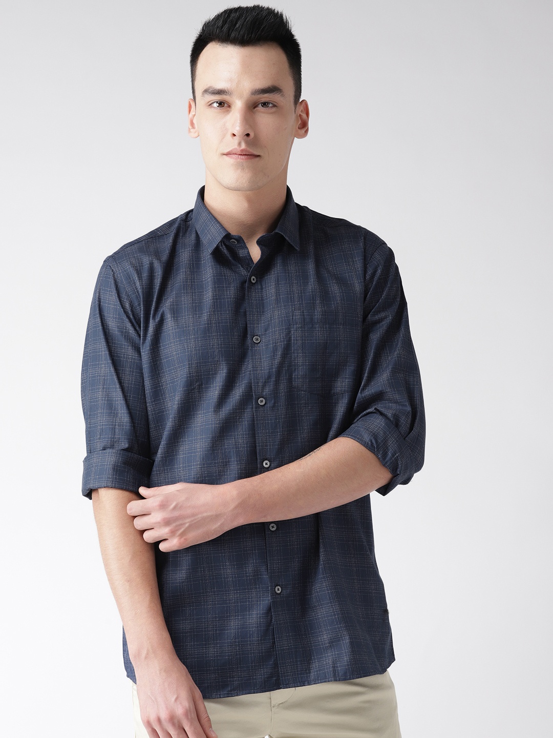 

Arrow New York Men Navy Blue & White Snug Regular Fit Checked Casual Shirt