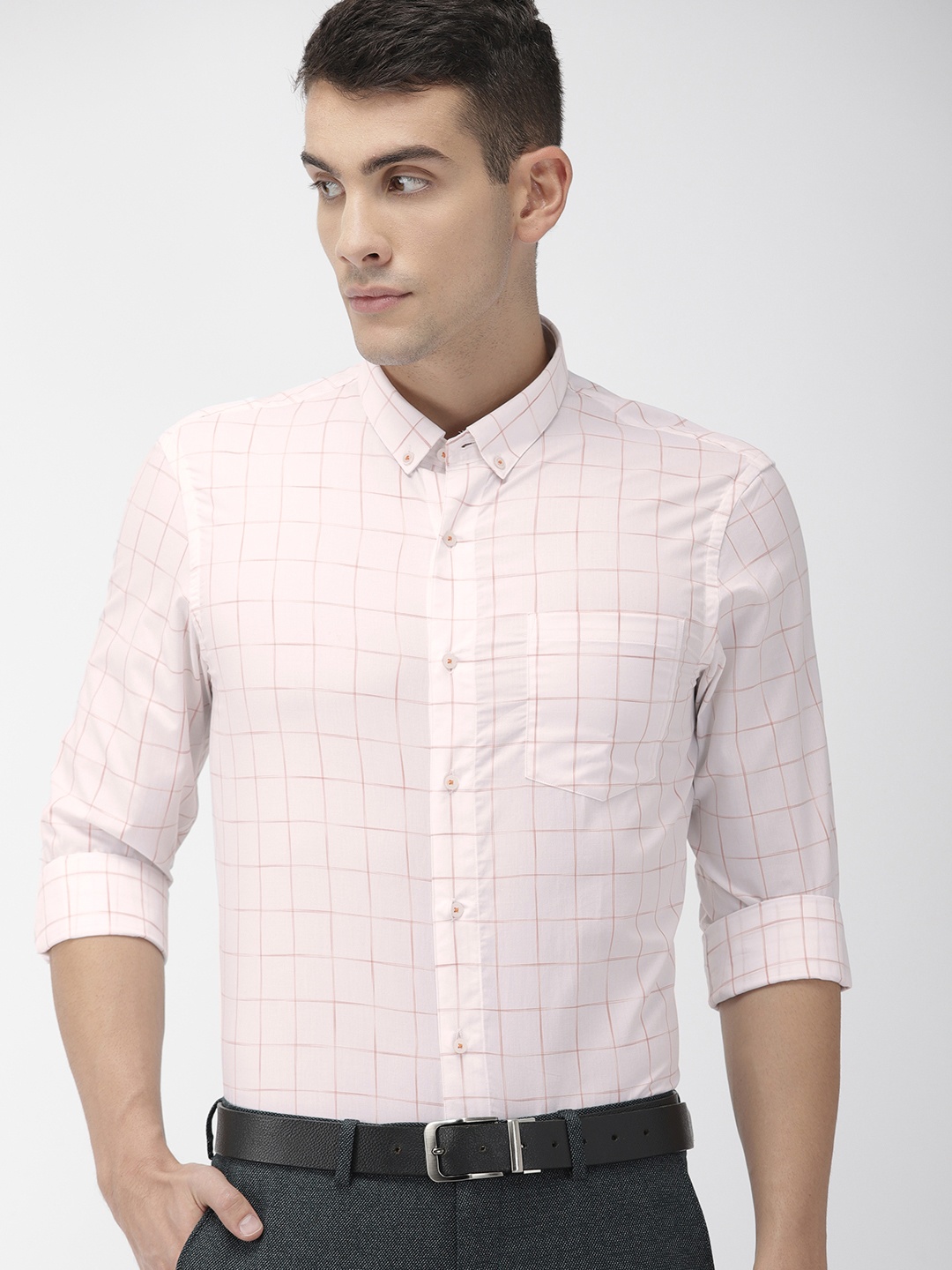 

Arrow New York Men White & Rust Orange Slim Fit Checked Formal Shirt