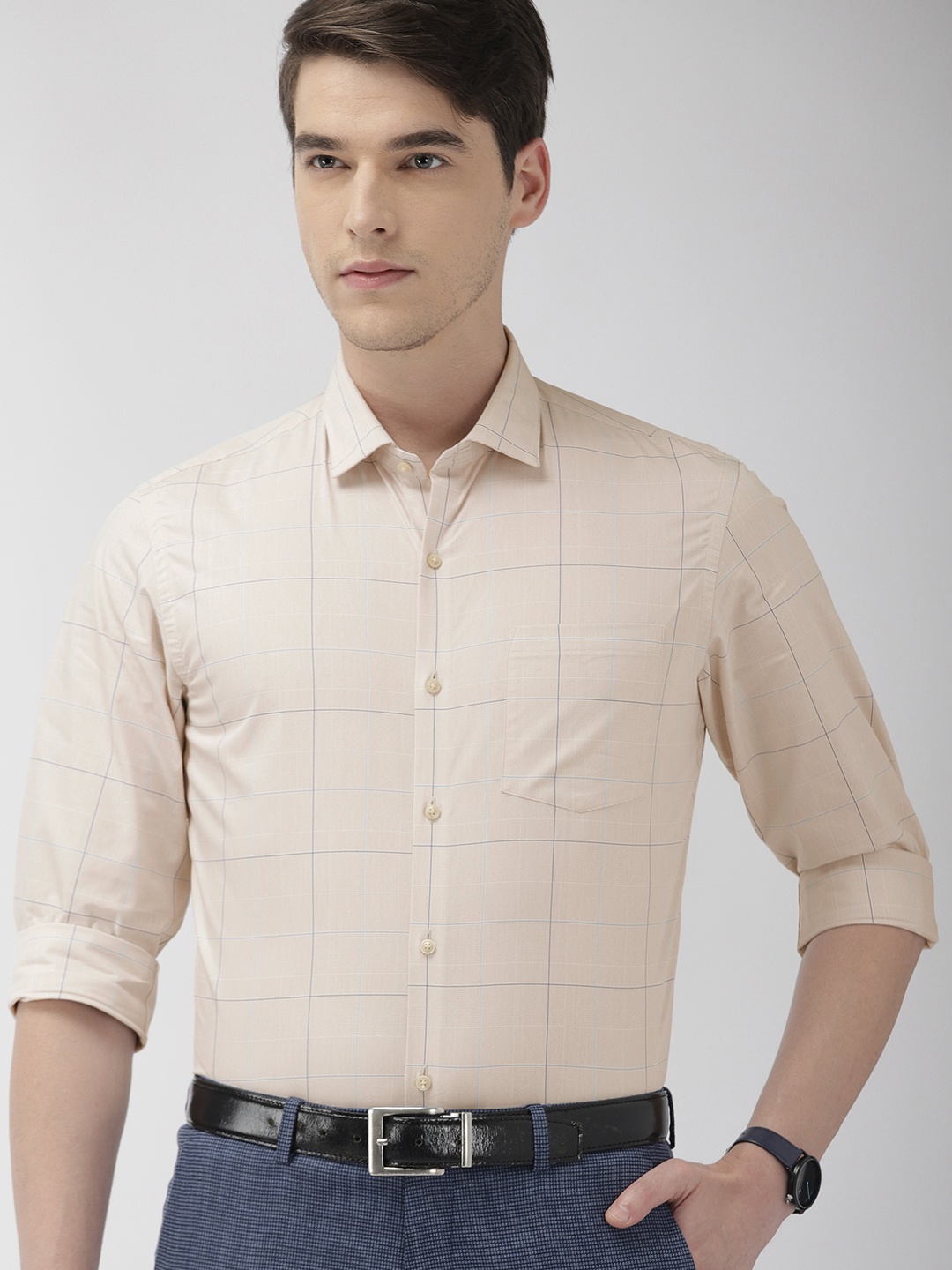

Arrow New York Men Beige & Blue Slim Fit Checked Formal Shirt