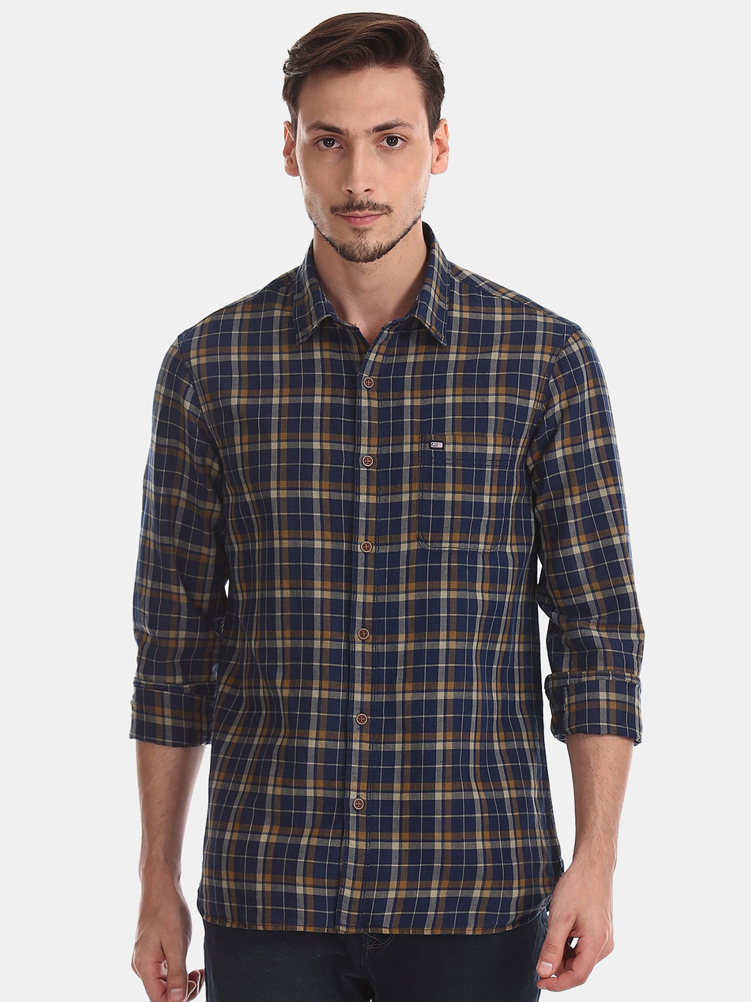 

Arrow Sport Men Navy Blue & Brown Slim Fit Checked Casual Shirt