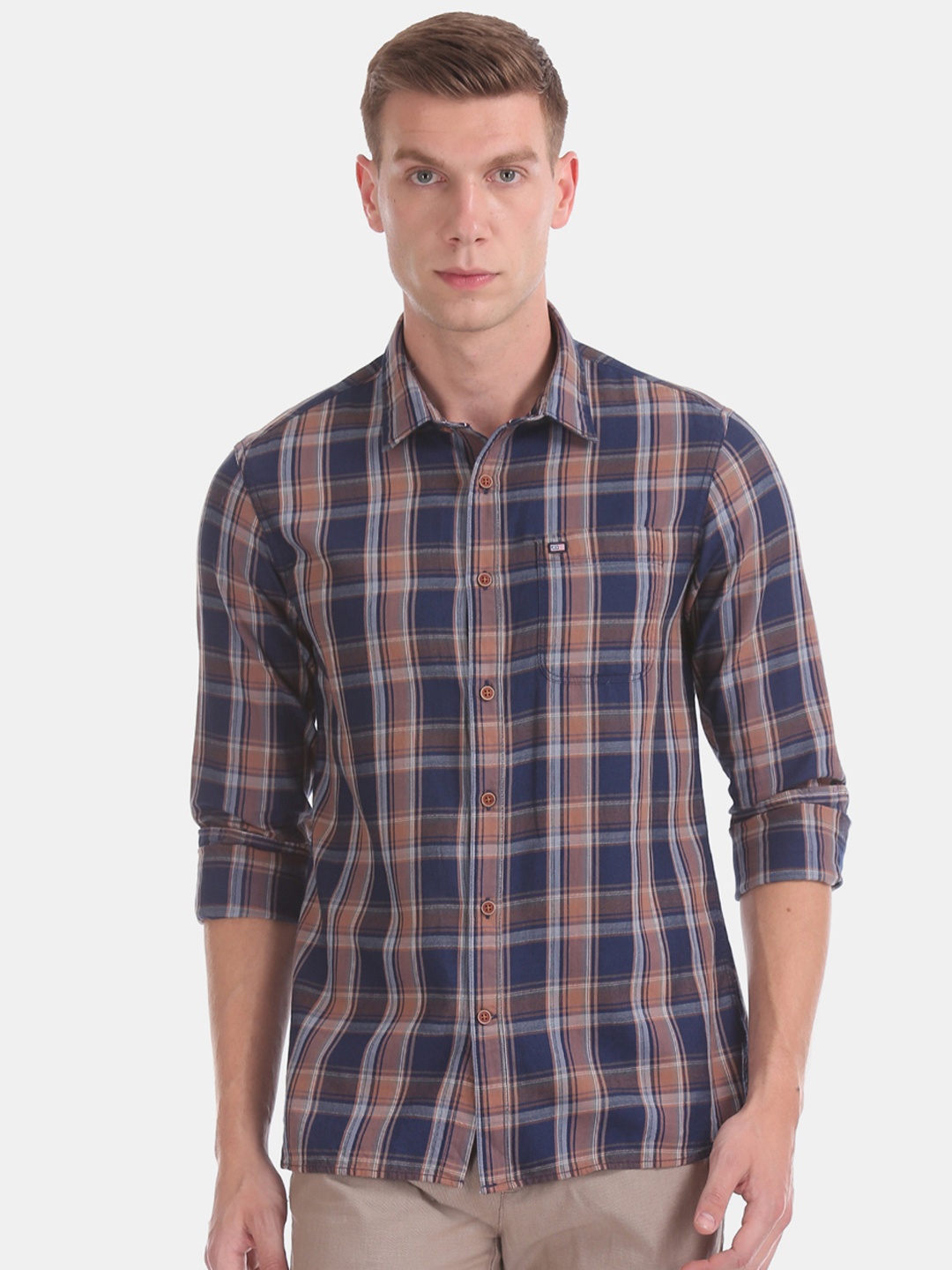 

Arrow Sport Men Navy Blue & Brown Checked Casual Cotton Shirt