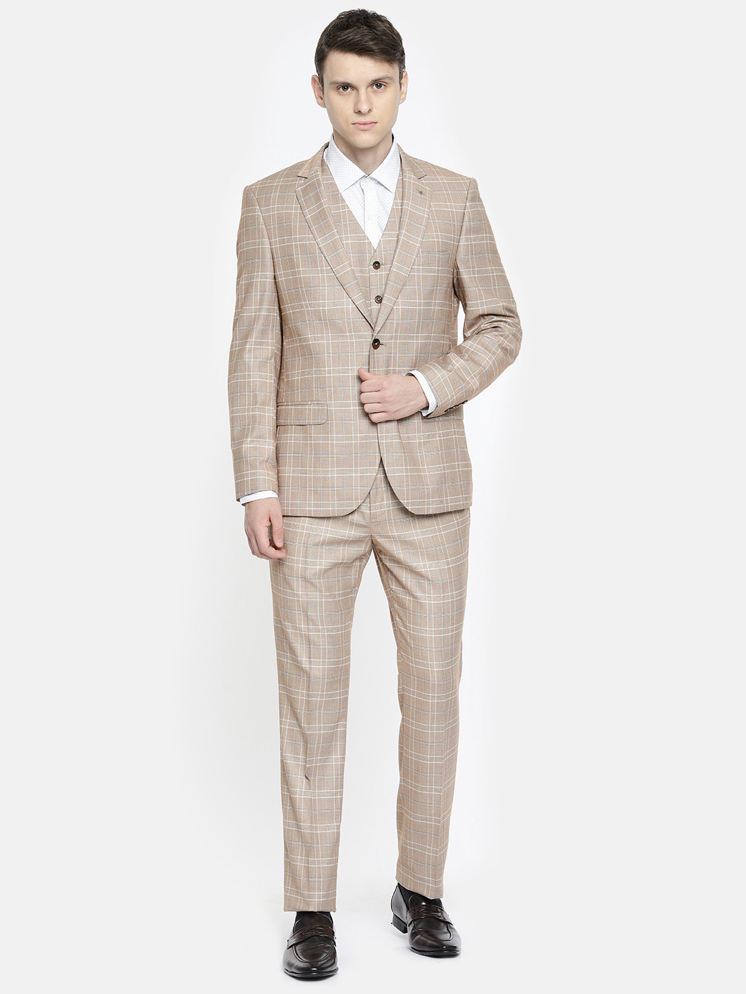 

Arrow Men Beige & Blue Checked Body Tailored Fit Single-Breasted Formal Suit