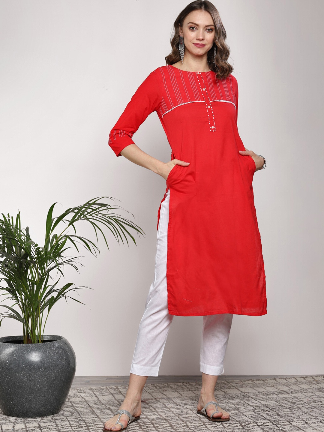 

Sangria Women Red & White Yoke Design Kurta with Trousers