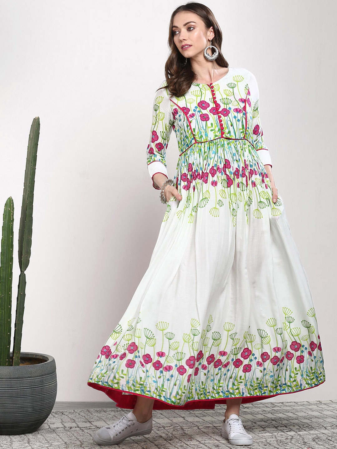 

Sangria Women White Printed A-Line Maxi Dress