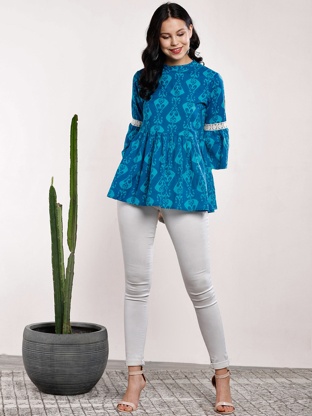 

Sangria Blue Ethnic Motifs A-Line Pure Cotton Top
