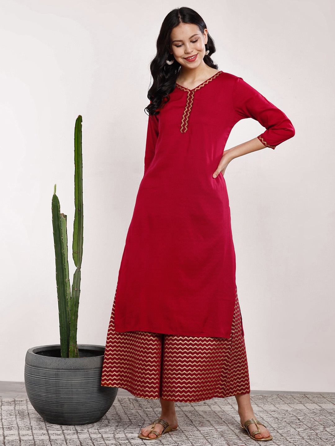 

Sangria Women Maroon & Solid Kurta with Palazzos & Dupatta