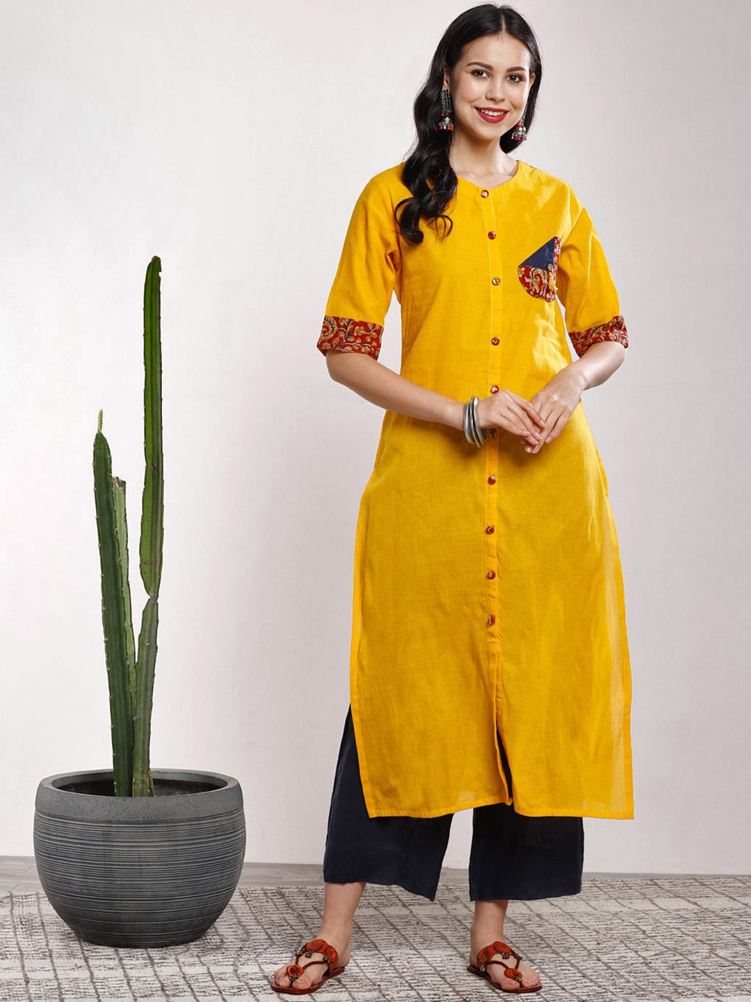 

Sangria Women Yellow & Multicoloured Solid A-Line Kurta